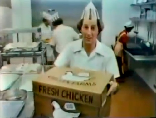I wore a hat like that, and apron like that, and likely had my hair even longer, and yes, I used to haul boxes of frozen chicken in and out of the giant freezer to prep the chicken for cooking.